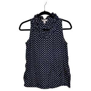 J.Crew 100% Silk Navy Polka Dot Ruffle Neck Sleeveless Blouse Size 2
